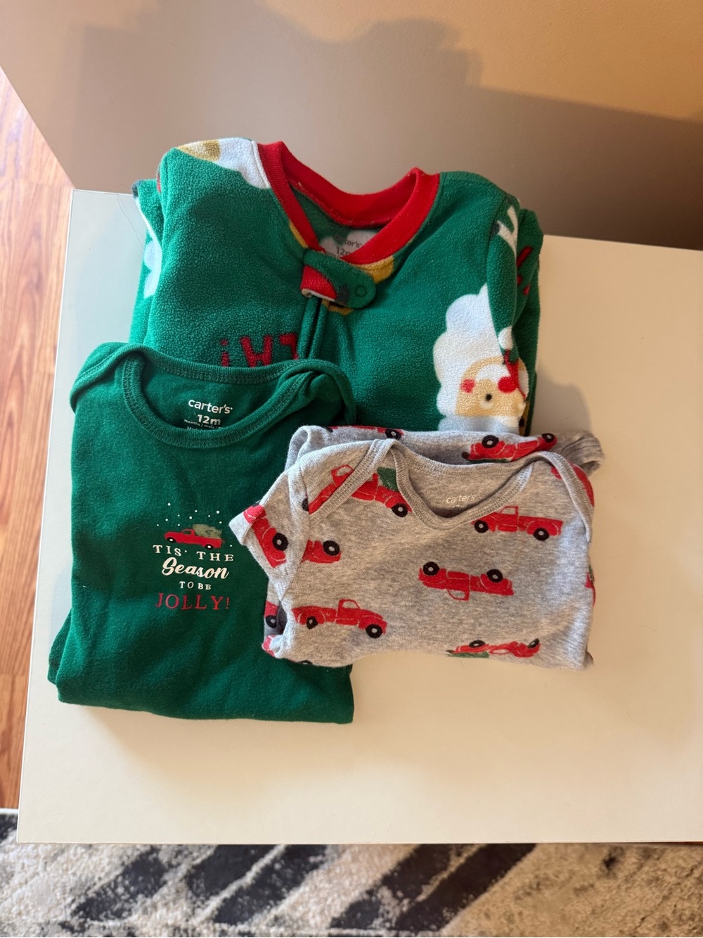 Carter's Green and Gray Christmas outfits, size 12 month